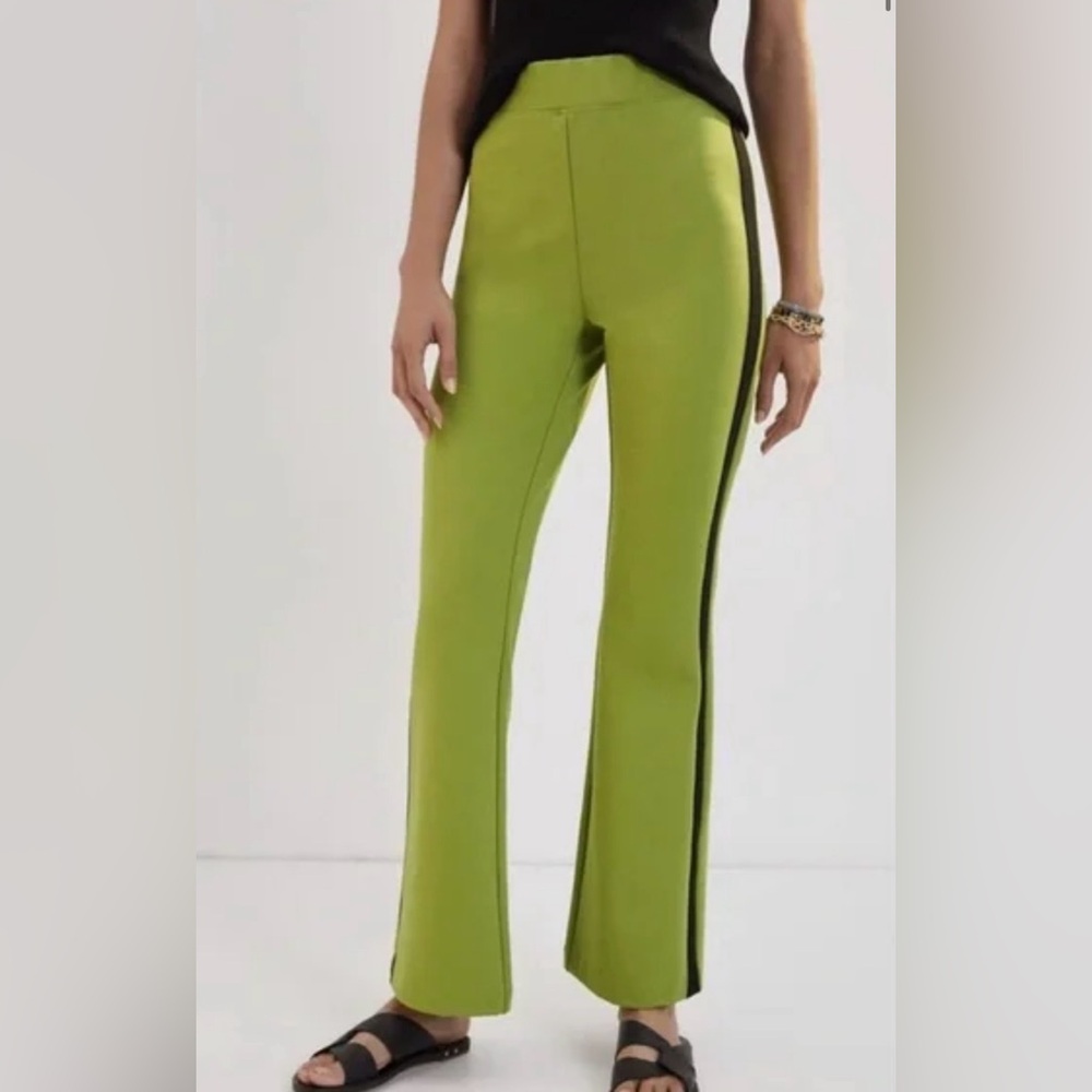 Anthropologie Maeve Ponte Flare Lime Green Flare Pants w/ Black Stripe - Picture 5 of 7